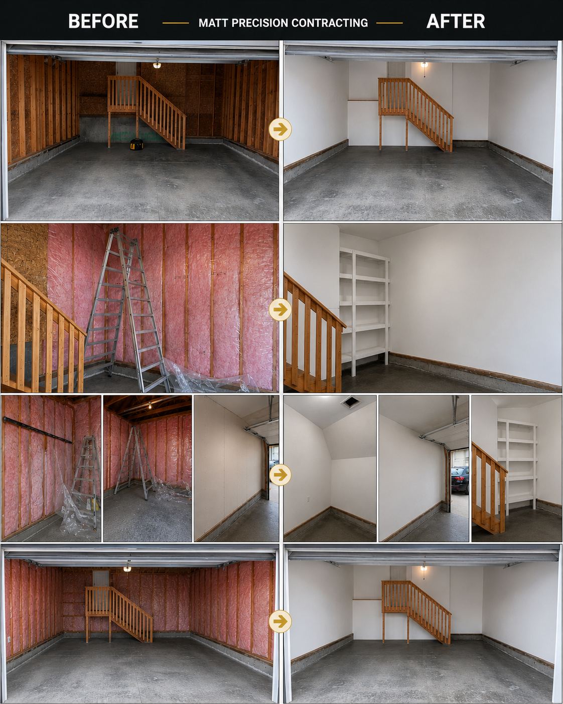 Garage renovation before and after: insulated framing transformed into a finished garage with shelving and stairs