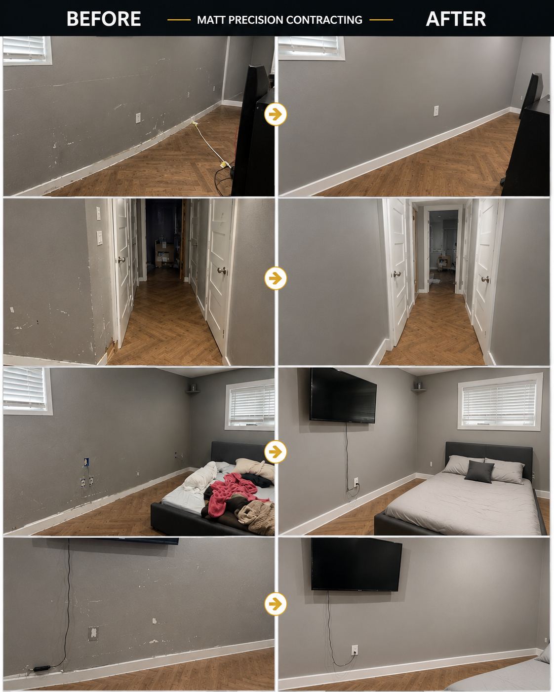 Bedroom and hallway renovation before and after: drywall, paint and flooring upgrade