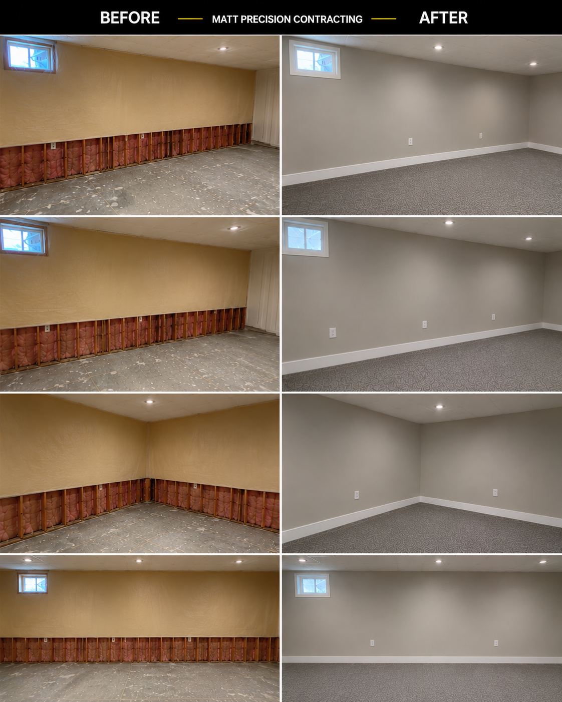 Basement renovation before and after: exposed insulation transformed into finished painted walls