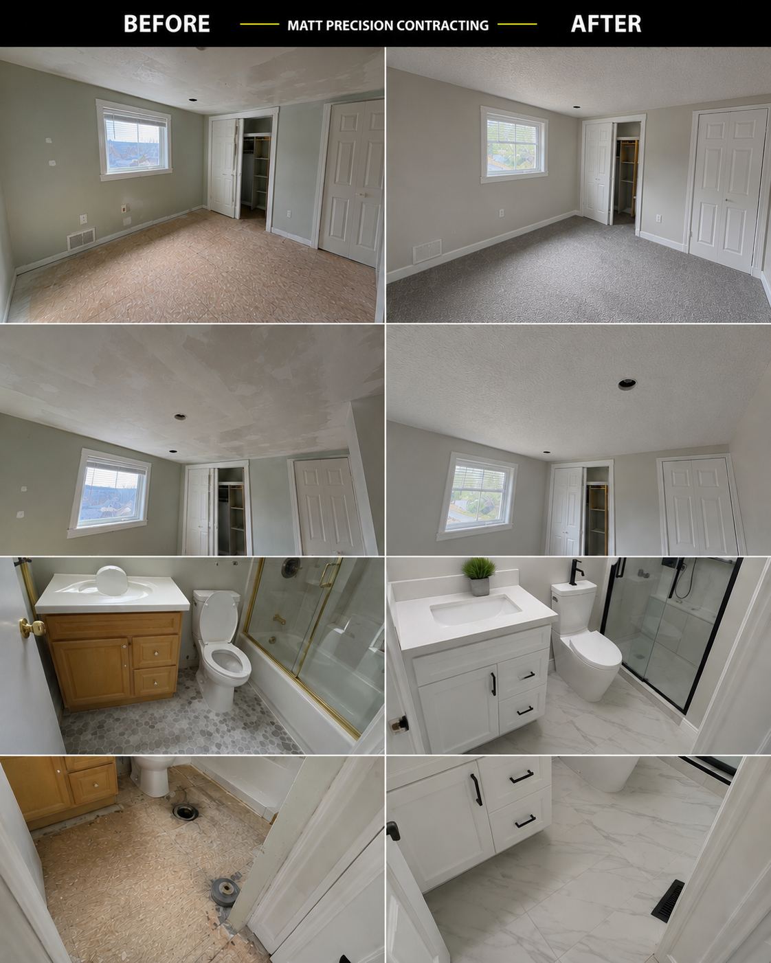 Bedroom carpet and bathroom renovation before and after, including new vanity and glass shower