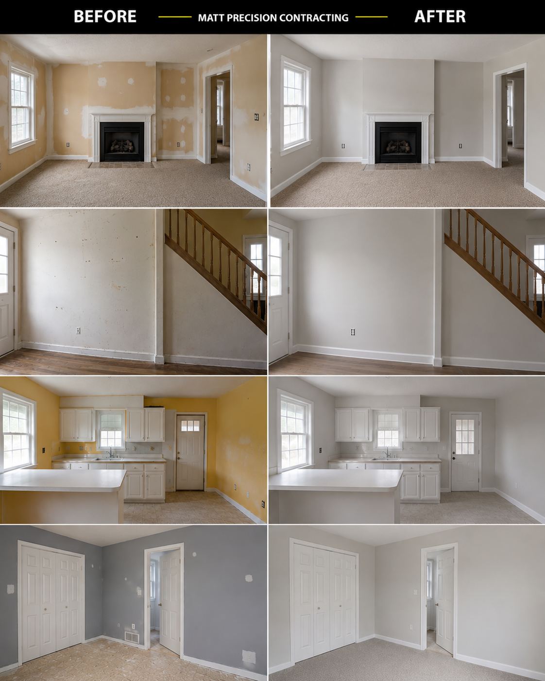 Living room and kitchen repaint before and after, replacing yellow walls with neutral tones