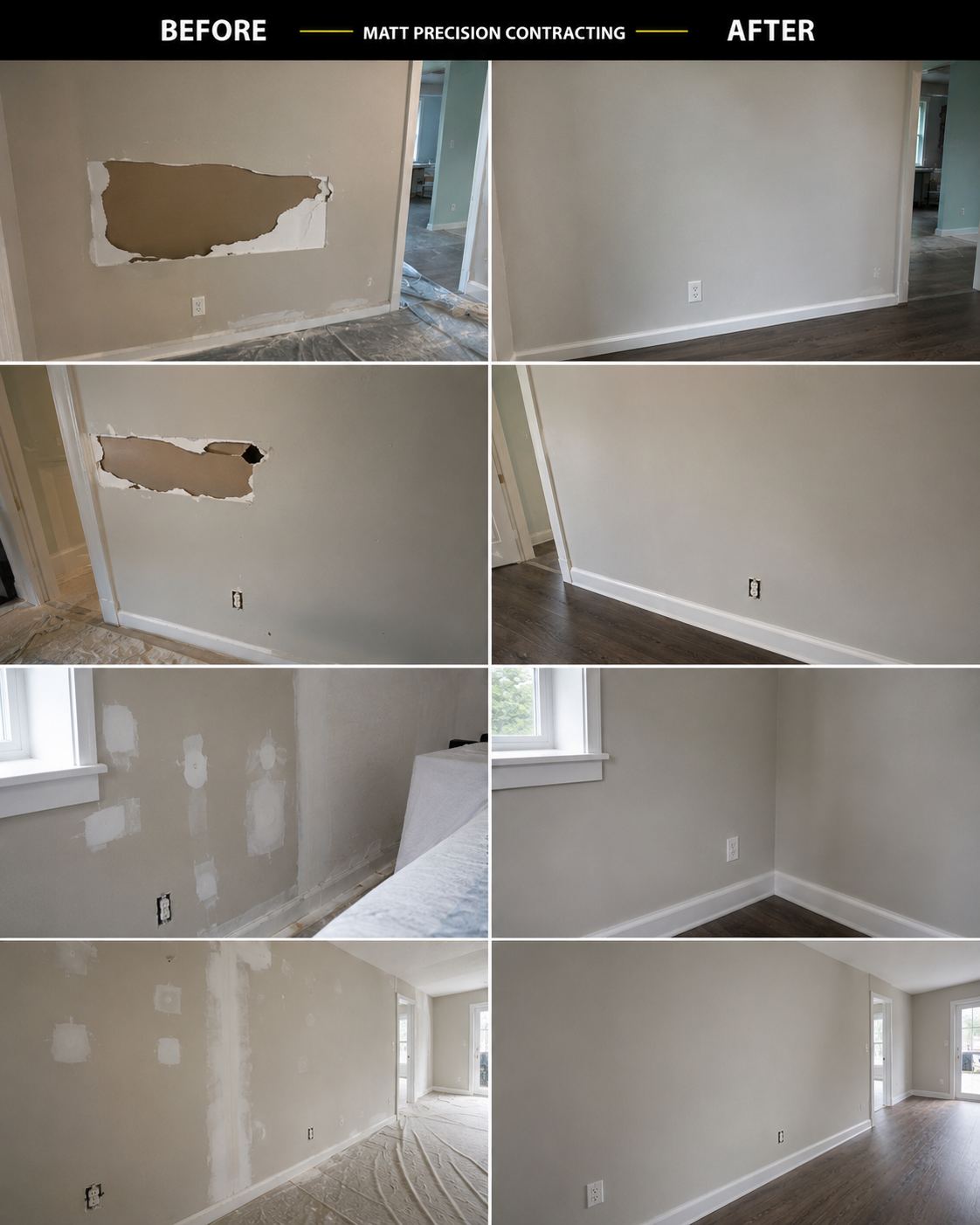 Drywall patch repair before and after, seamless wall finish
